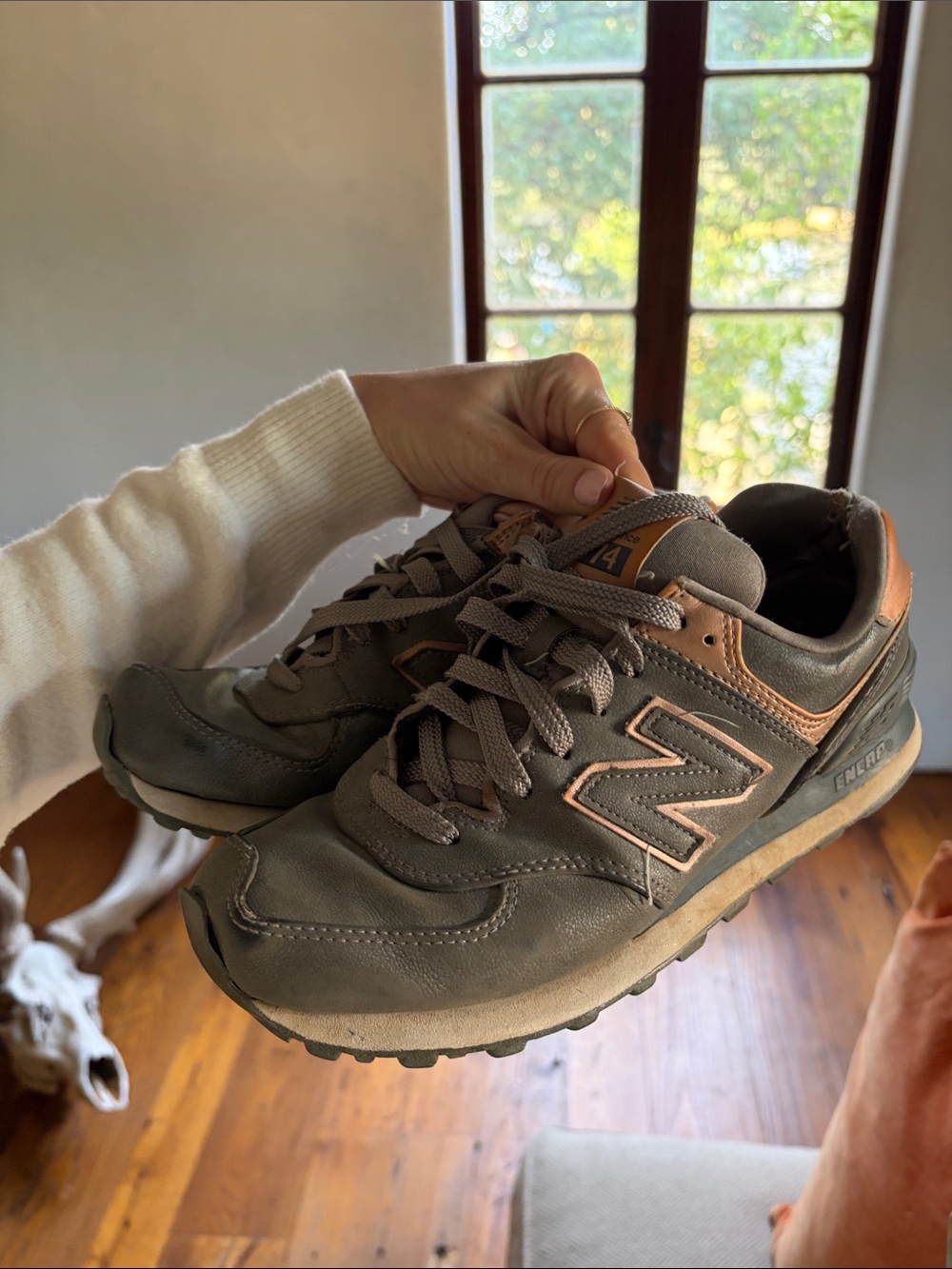 New Balance Gray and Tan Leather Suede Sneakers 574